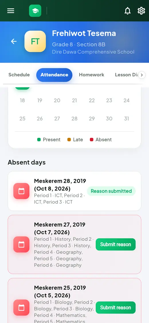The Absent days list: the first day shows Reason submitted, the others show a Submit reason button.