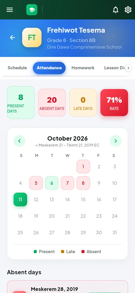 The Attendance tab with totals for present, absent and late days, the attendance rate, and a month calendar with coloured days.