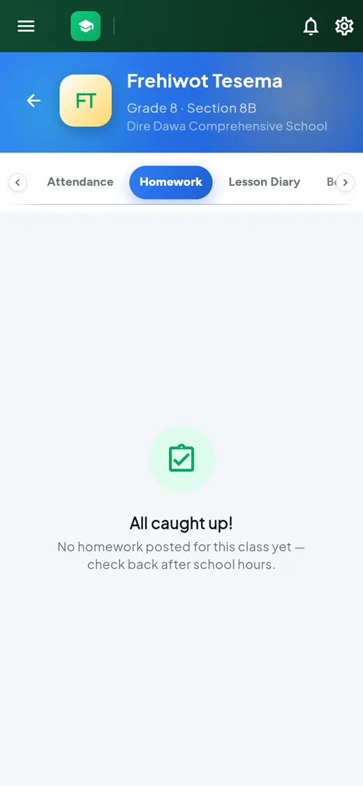 The Homework tab saying All caught up! No homework posted for this class yet.