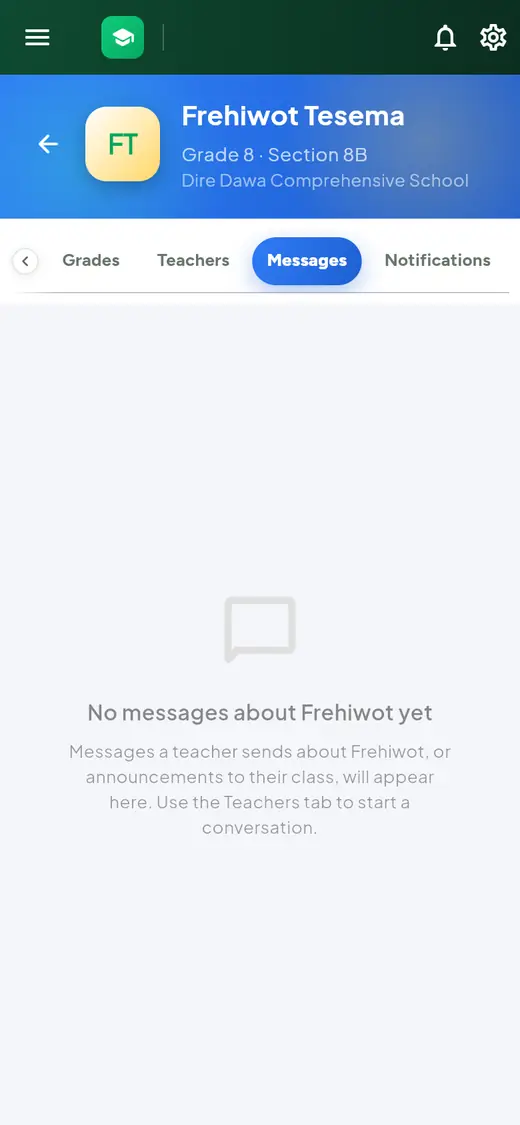 The child's Messages tab: No messages about Frehiwot yet, with a hint to use the Teachers tab to start a conversation.