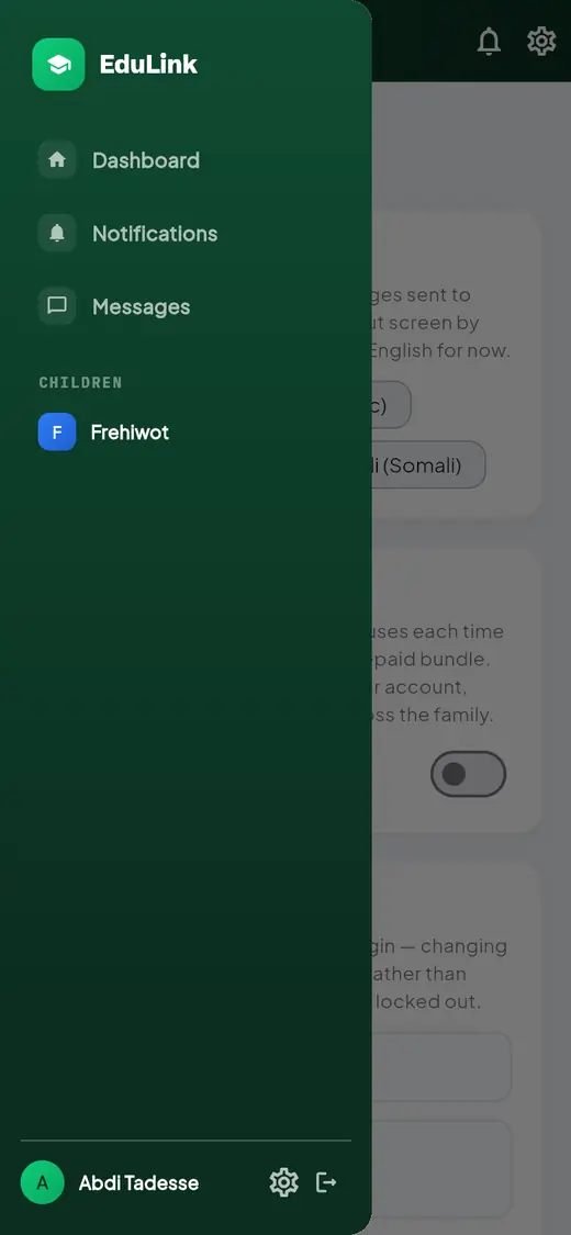 The open parent menu: Dashboard, Notifications, Messages, a Children list with one child, and the parent's name with a settings gear and a sign-out arrow at the bottom.