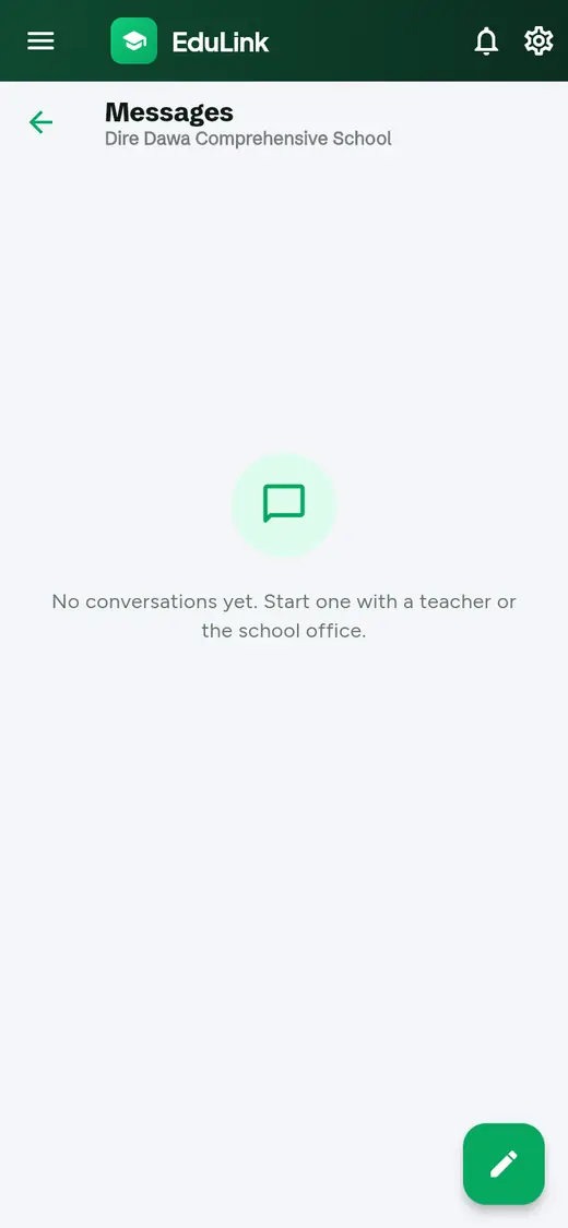 The Messages page: No conversations yet. Start one with a teacher or the school office, with a pencil button.